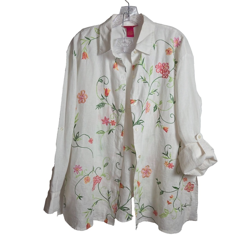 Sunny Leigh Linen Embroidered Floral Shacket & Tank Set L/XL Boho Cottage Resort